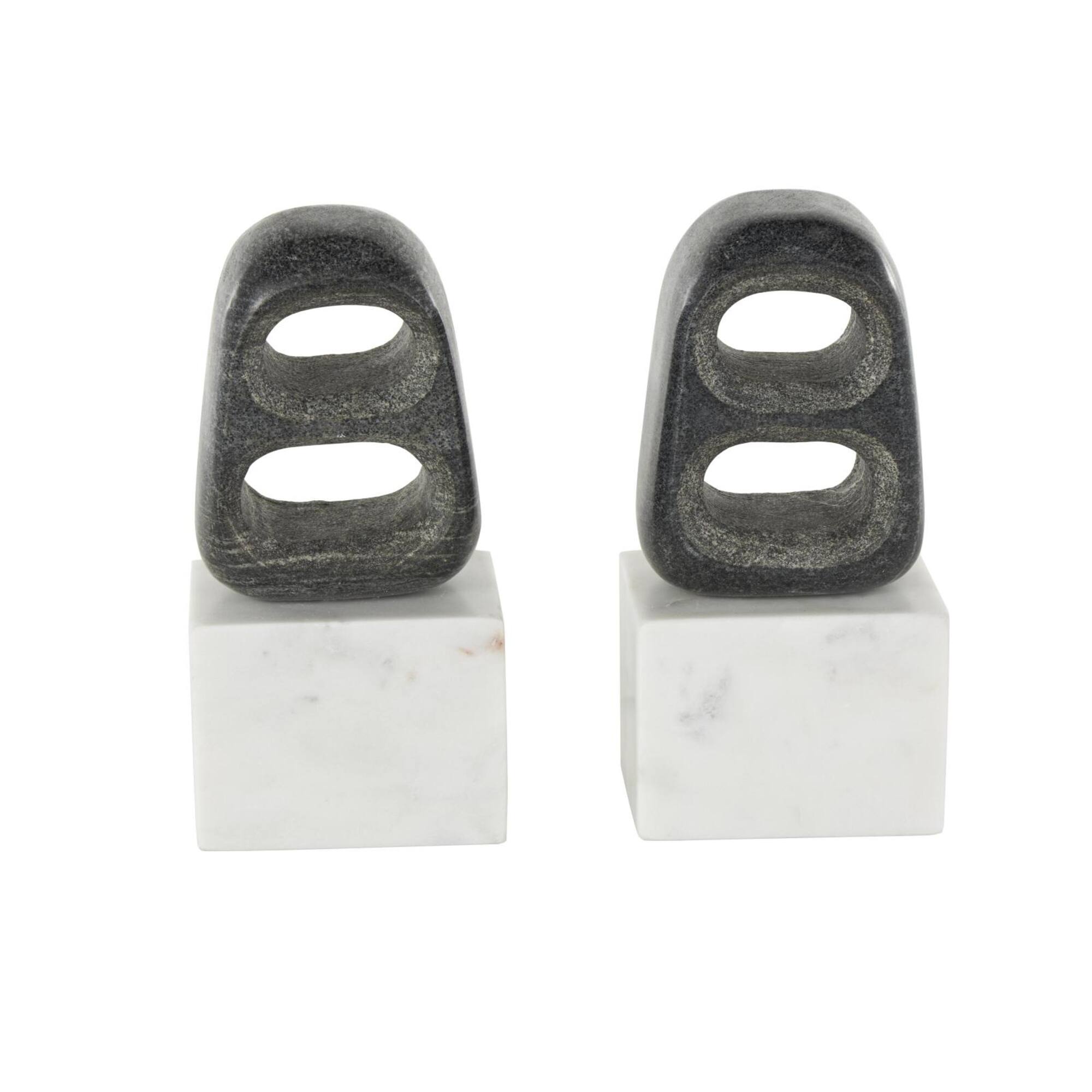 8.25" White & Black Marble Geometric Cutout Oval Bookend Set with Block Base